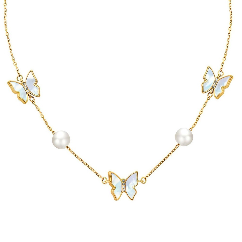Gold Butterfly Necklace with Pearls
